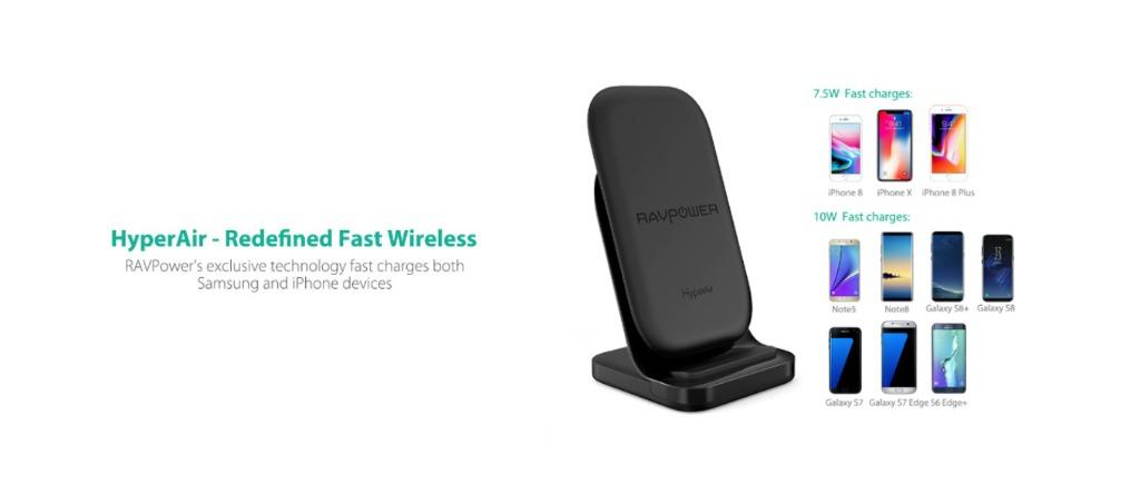RAVPower Fast Stand Wireless Charger 7.5W (Category: Chargers) located in Marikina City. Submitted by skowshop (Listing ID 1121743153, Image 3). Description: The HyperAir technology delivers the fastest charging speeds for both iOS and Android devices, 7.5W for iPhone X, 8, and 8 Plus, and 10W for Samsung Galaxy S8, S7 and Note 8. 2x faster than traditional 3.5W - 5W wireless chargers. Charge Up Safely: HyperAir features triple temperature contro
