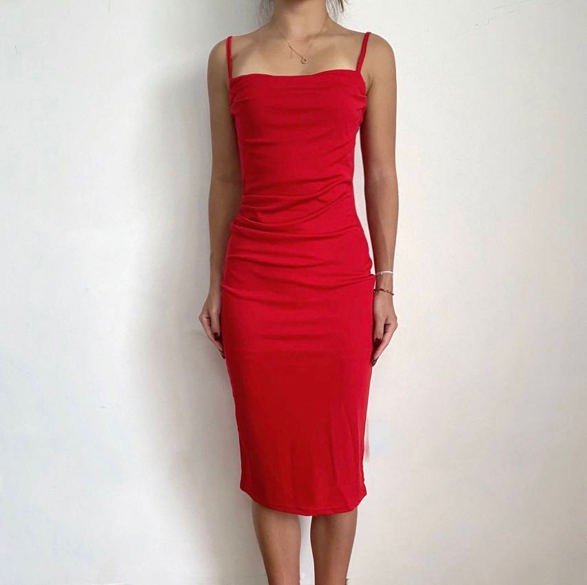 Red ruched clearance midi dress