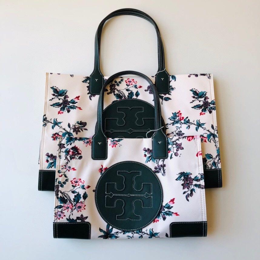 TORY BURCH Ella Floral Tote Sage Green Flower Handbag Canvas Winter Bag SML  NEW 