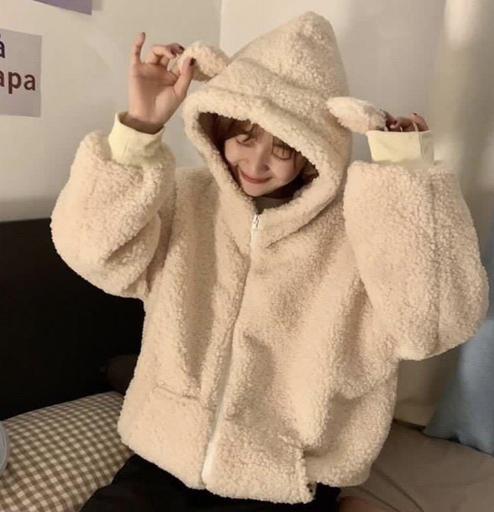 Ulzzang faux fur furry bear ears hoodie