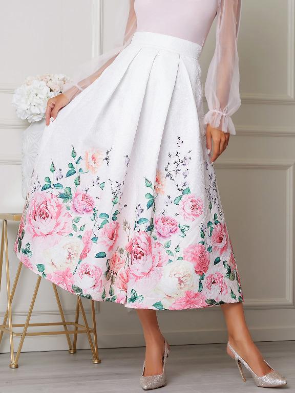White Floral Jacquard Midi Skirt