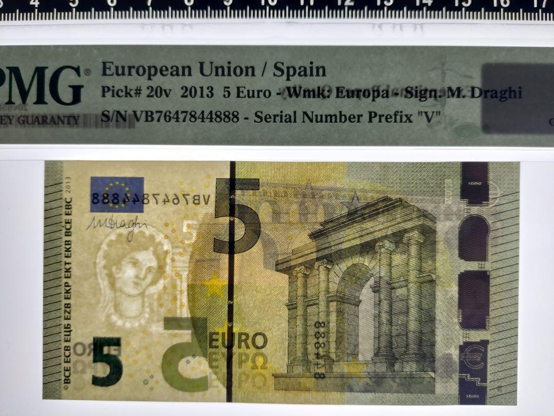 豹子8 5歐元2013年歐羅歐盟EURO 紙鈔五歐元鈔票有趣號碼特別號碼古董紙幣高分評級鈔票外幣PMG評65-EPQ, 興趣及遊戲, 收藏品及紀念品,  錢幣- Carousell
