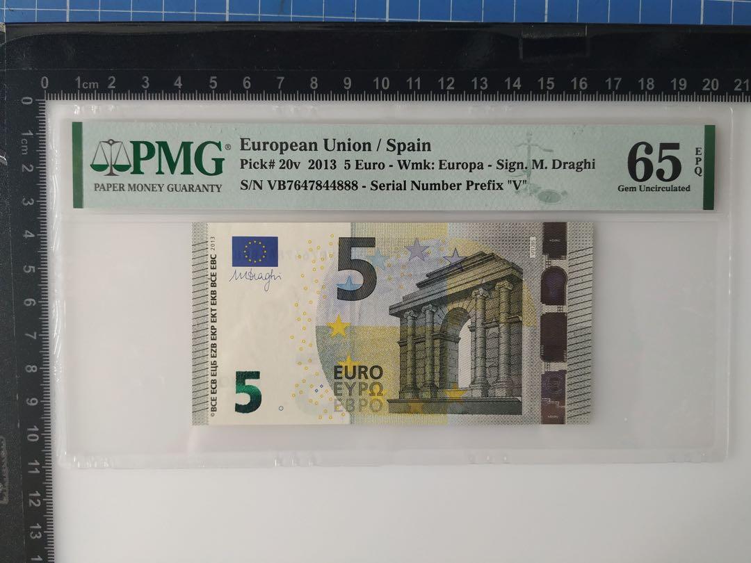 豹子8 5歐元2013年歐羅歐盟EURO 紙鈔五歐元鈔票有趣號碼特別號碼古董紙幣高分評級鈔票外幣PMG評65-EPQ, 興趣及遊戲, 收藏品及紀念品,  錢幣- Carousell