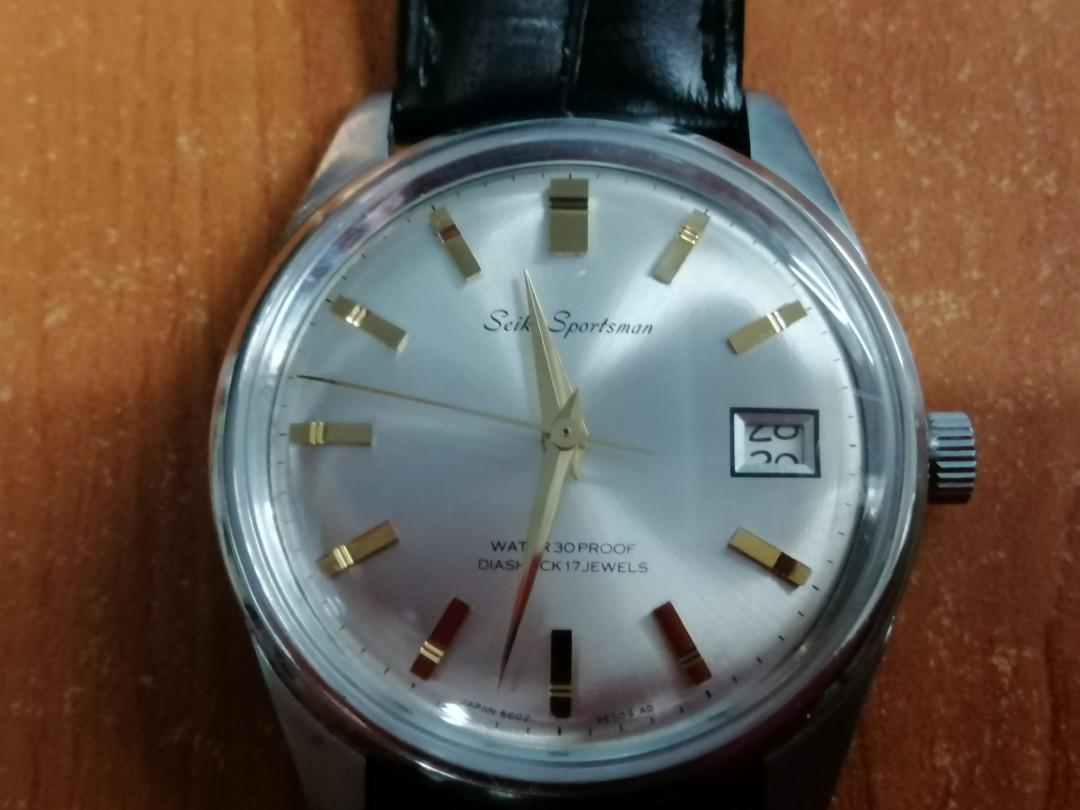 精工seiko Sportsman 中古時計1966年model 6602 9981 Seamaster 海馬all Stainless Steel 單日曆hand Winding Diashock 罕有金色字釘完美無瑕疵放射拱形原裝面pristine Original Dial Snapback