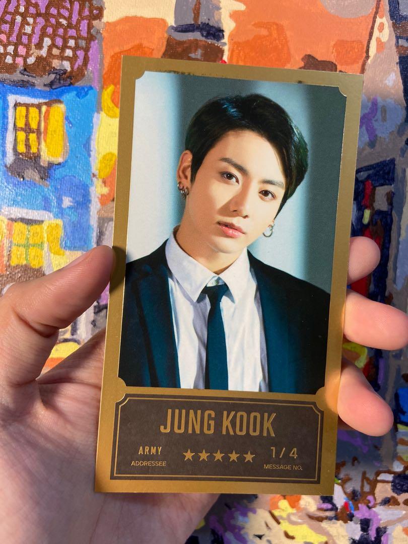 BTS Jungkook JK Bangbangcon BBC Message Card Set (Category: K-Wave Merchandise) located in Muntinlupa City. Submitted by binkymilk (Listing ID 1121918239, Image 2). Description: wts lfb ph 🇵🇭 bts jungkook bangbangcon message card set 💵 1,150php + lsf • onhand • 7/10 condition, gold card has black spots at the top, dog ears in the other pcs • will ship with the message card case! • pm me if you want more pics / video! • mop: gcash, unionbank, b