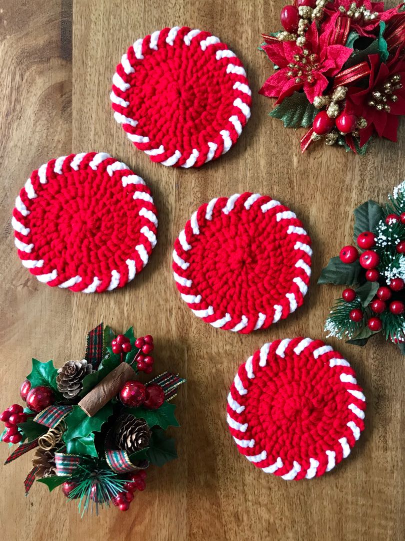 Christmas Table Crochet Coasters Candy Cane Coaster Set