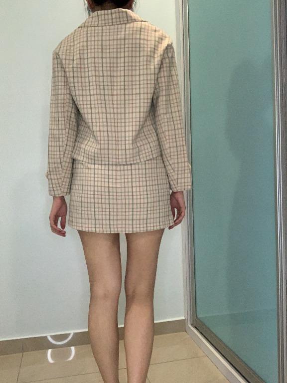 Cute Yellow Plaid Matching Set Jacket Skirt