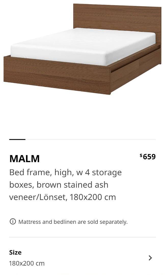 Ikea Malm king size bed with 4 storage drawers + Hovag mattress + bedside tables, Furniture