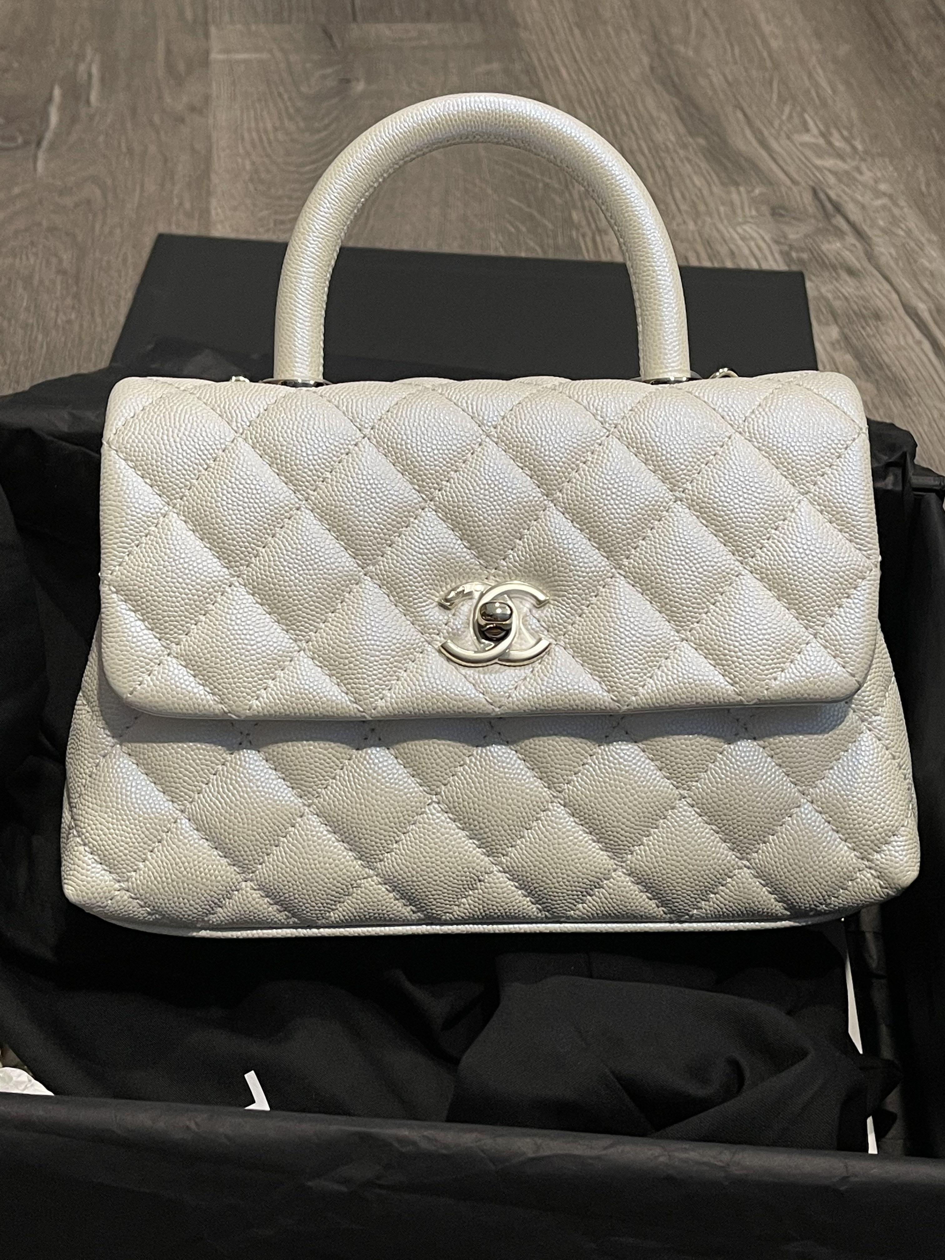CHANEL Iridescent Caviar Quilted Extra Mini Coco Handle Flap White 1324029