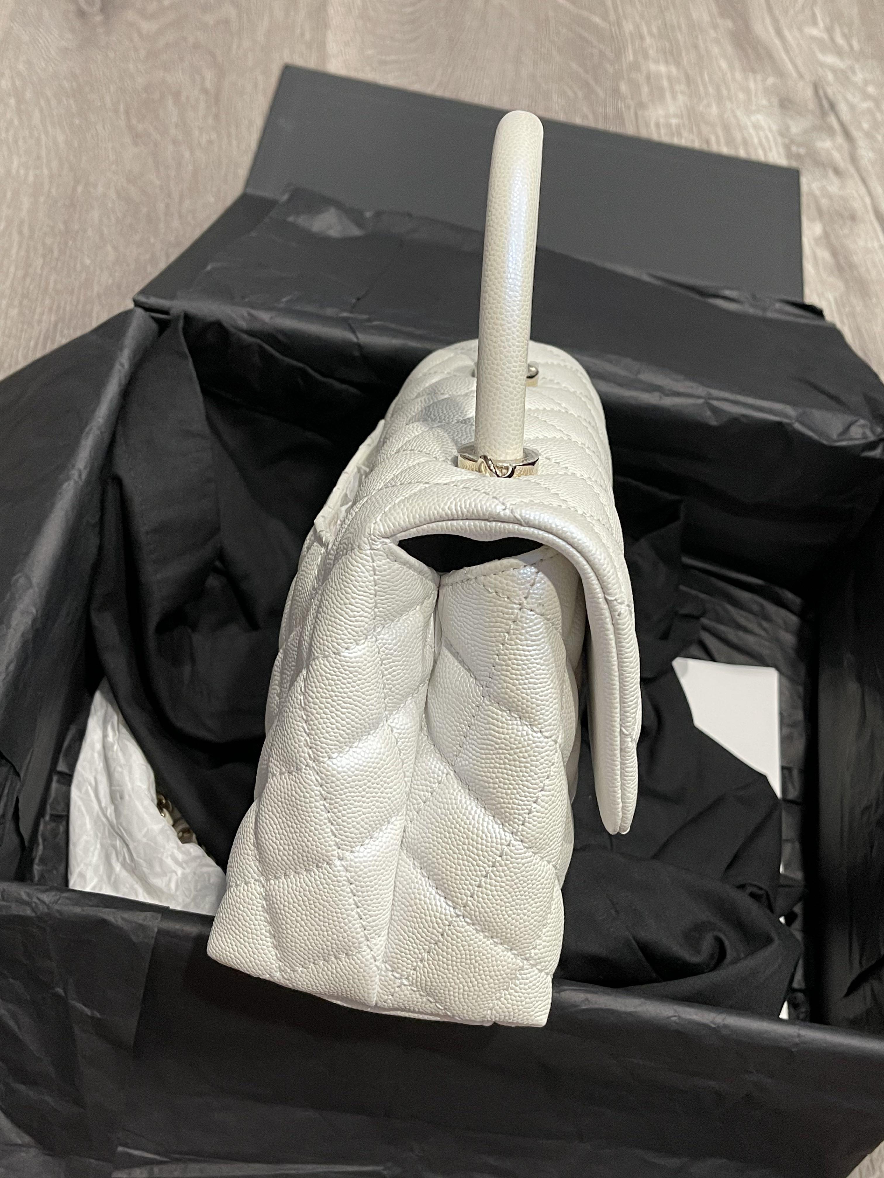 CHANEL Extra Mini Coco Handle Flap Bag in 20K Iridescent White Caviar