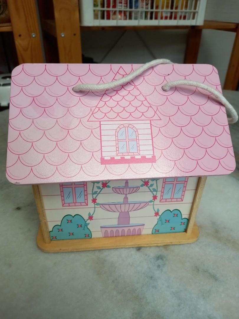 ASDA wooden carry on doll house with 3 dolls and furniture