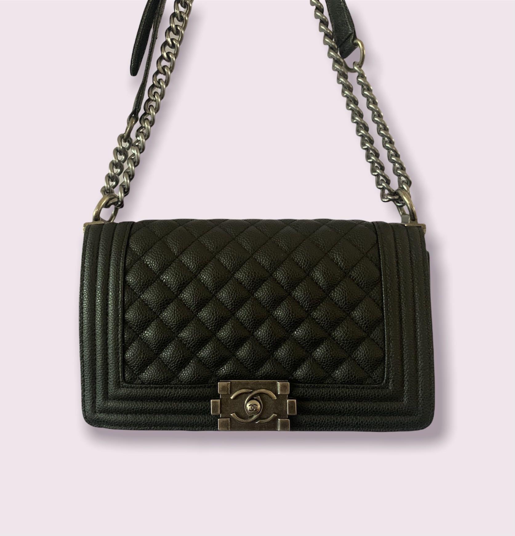 Chanel Boy Old Silver-tone Medium Quilted Black Caviar Leather Bag With  Datecode Serial Number #PDSale