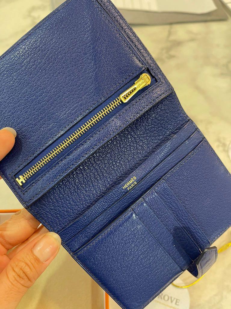 Hermes Blue Sapphire Chevre Medium Bifold Kelly Wallet Gold