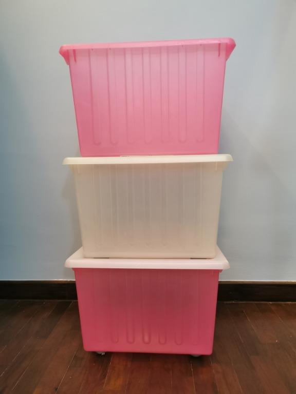 Ikea VESSLA Box plastic Storage crate with castors Pink white