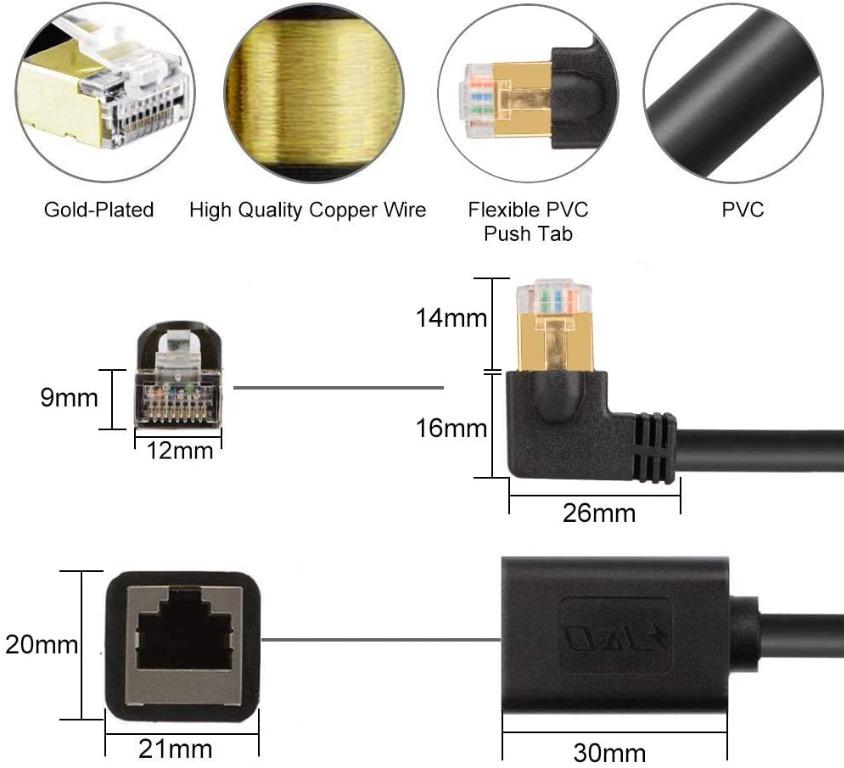 J&D Cat6 Extension Cable, Cat 6 Right Angled 90 Degree
