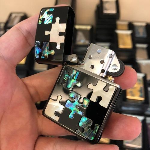 Jigsaw Puzzle Black Ice Inlay Shell Zippo Lighter, Men's Fashion