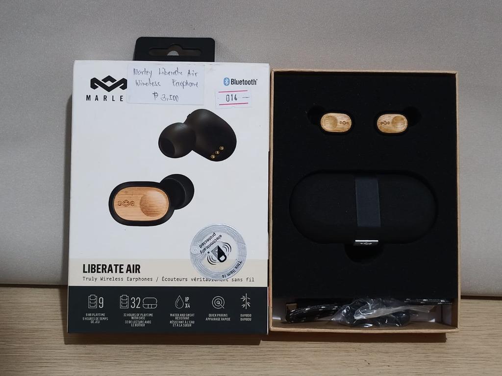 MARLEY LIBERATE AIR WIRELESS EARPHONE (Category: Earphones) located in San Pedro. Submitted by aussiesurplus (Listing ID 1122041400, Image 1). Description: MARLEY LIBERATE AIR WIRELESS EARPHONE - 9 hours playtime - 32 hours of playtime with case - IPX4 (Water and Sweat resistant) - Quick pairing - USB-C Charging - Bamboo .