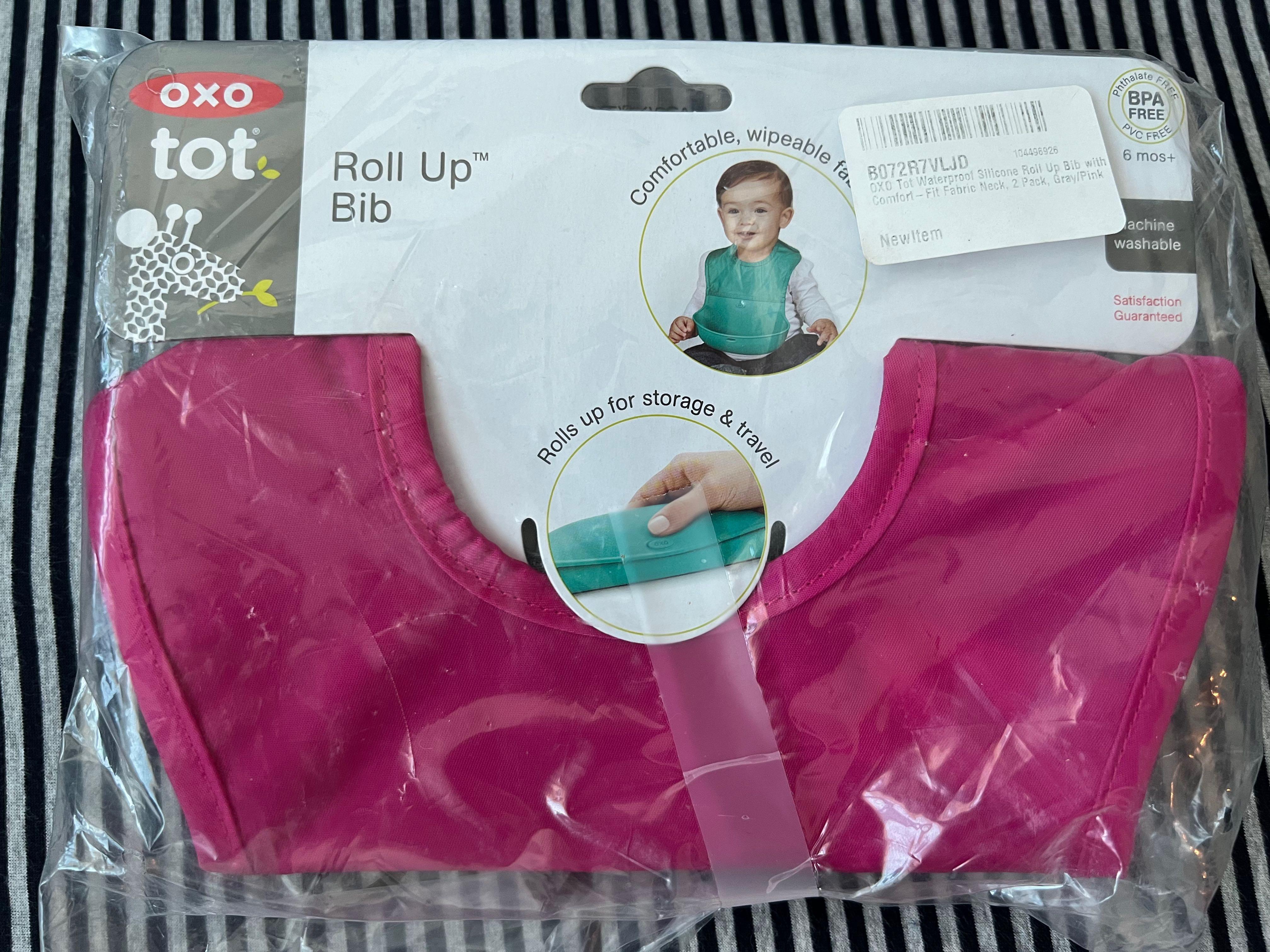 Pink/Teal OXO Tot 2-Piece Waterproof Silicone Roll Up Bib with Comfort-Fit Fabric Neck