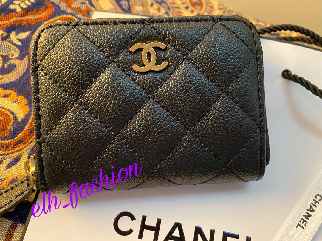 CHANEL A50097 BLACK CAIVAR LEATHER QUILTED ZIP AROUND LONG WALLET