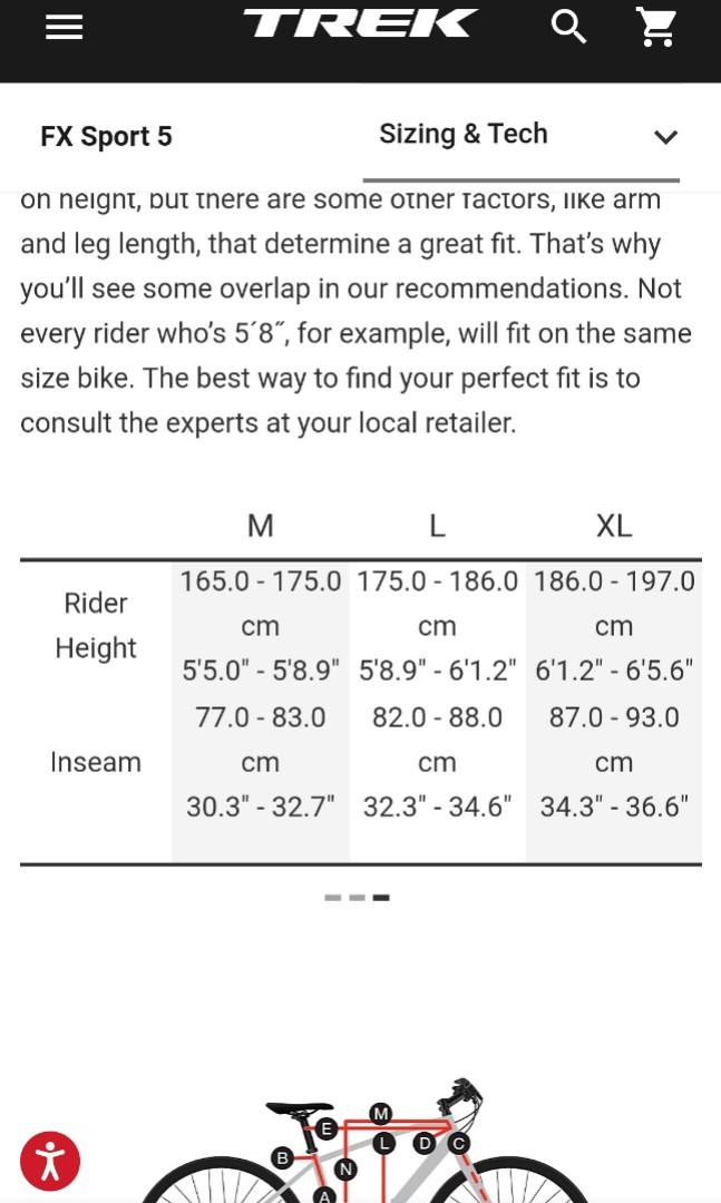 Trek fx size store chart