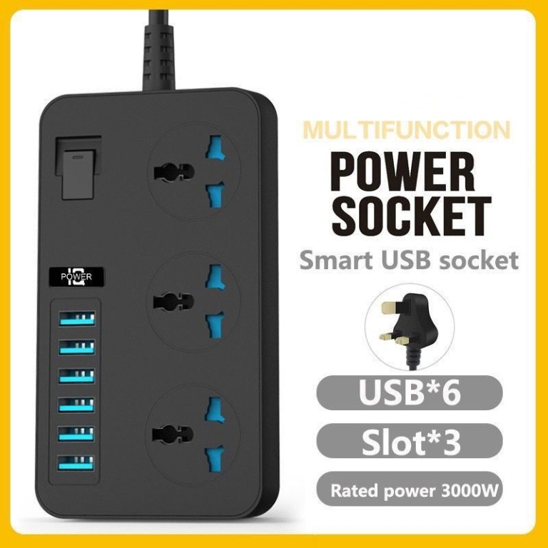 Universal 3/6 Power Socket Extension With USB Ports Power Strip Surge