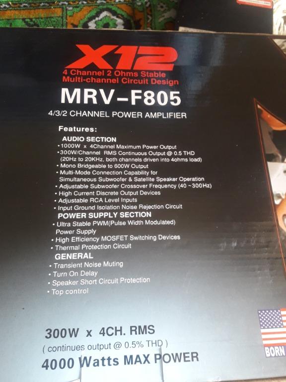 Channel Power Amplifier (Category: Soundbars, Speakers & Amplifiers) located in Manila. Submitted by rionava (Listing ID 1122295290, Image 2). Description: For sale X12 MRV F805 4/3/2 channel power amplifier x12 model 400 watts MTV F805 max power. as is for pick up only..