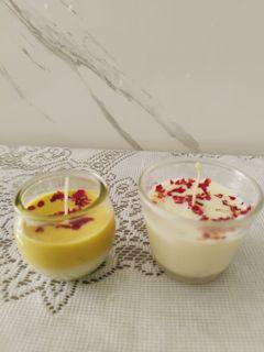 Handmade Lemongrass scented candles with rose petals.