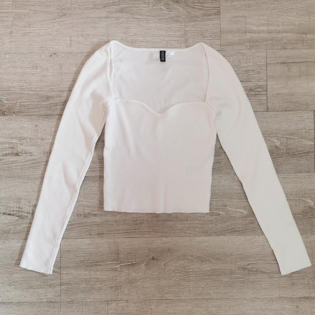 H M Divided Long Sleeves White Knit Top H M