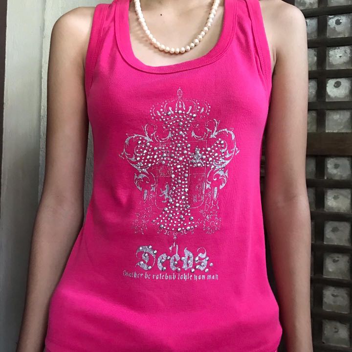 Hot Pink Cross Bedazzled Tank Top Y2K, Women's Fashion, Tops