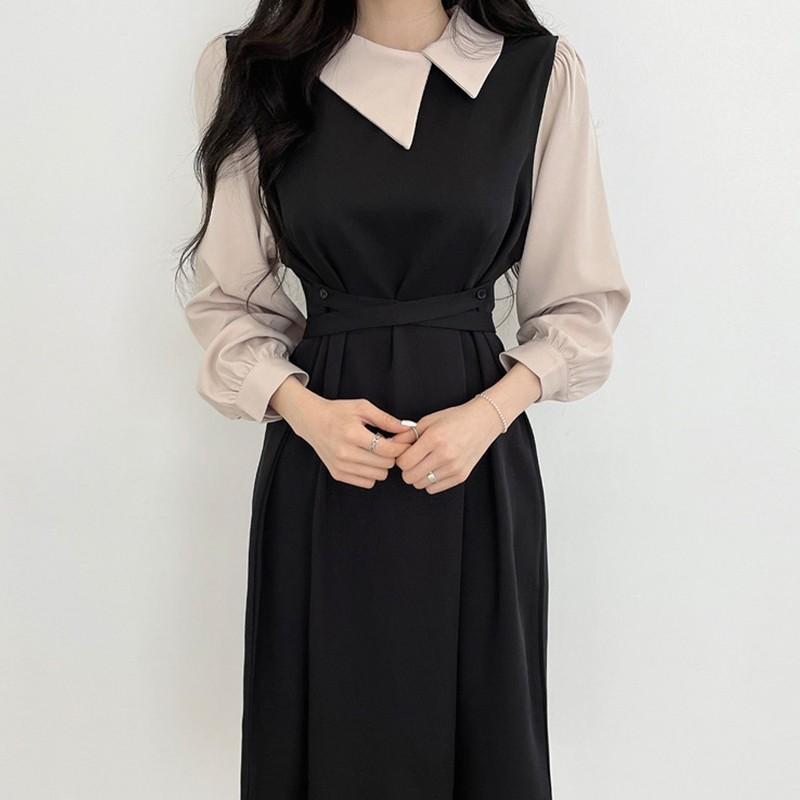 Korean black brown elegant casual midi dress long sleeve, Women's Fashion,  Muslimah Fashion, Dresses on Carousell