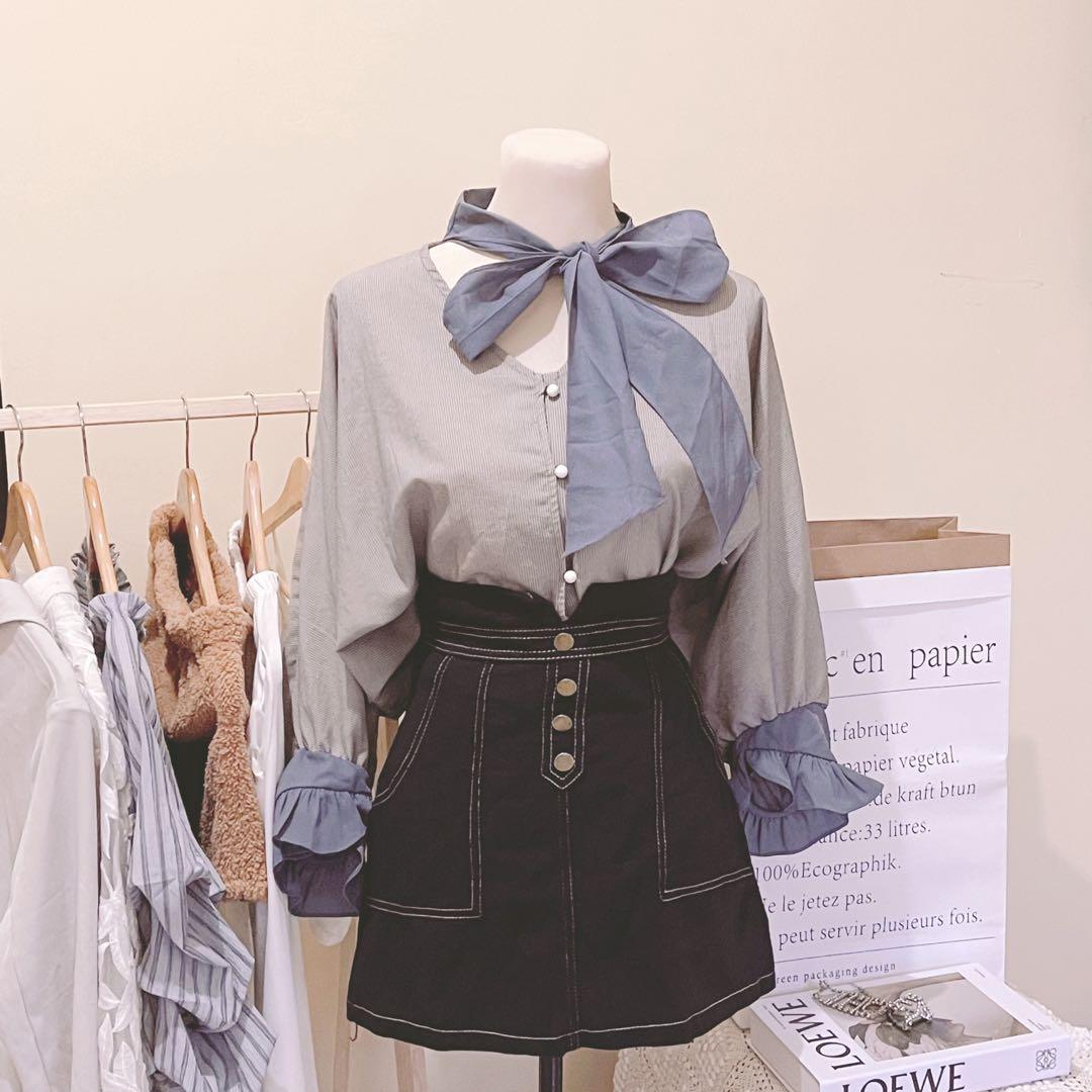 Korean Grey Blue Tie Top (Category: Longsleeves) located in Tiaong. Submitted by pixieapparelph (Listing ID 1122196360, Image 1). Description: •condition: brand new •size: fits S-L •fabric: no stretch .