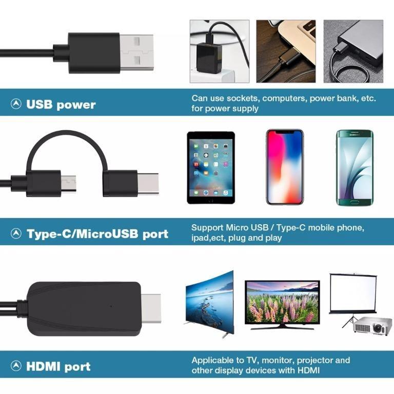 MiraScreen (LD25B) 2in1 Type C / Micro USB to HDMI Cable, MHL to HDMI Adapter, 1080P HD HDTV