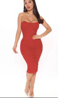 Red ruched bustier midi dress