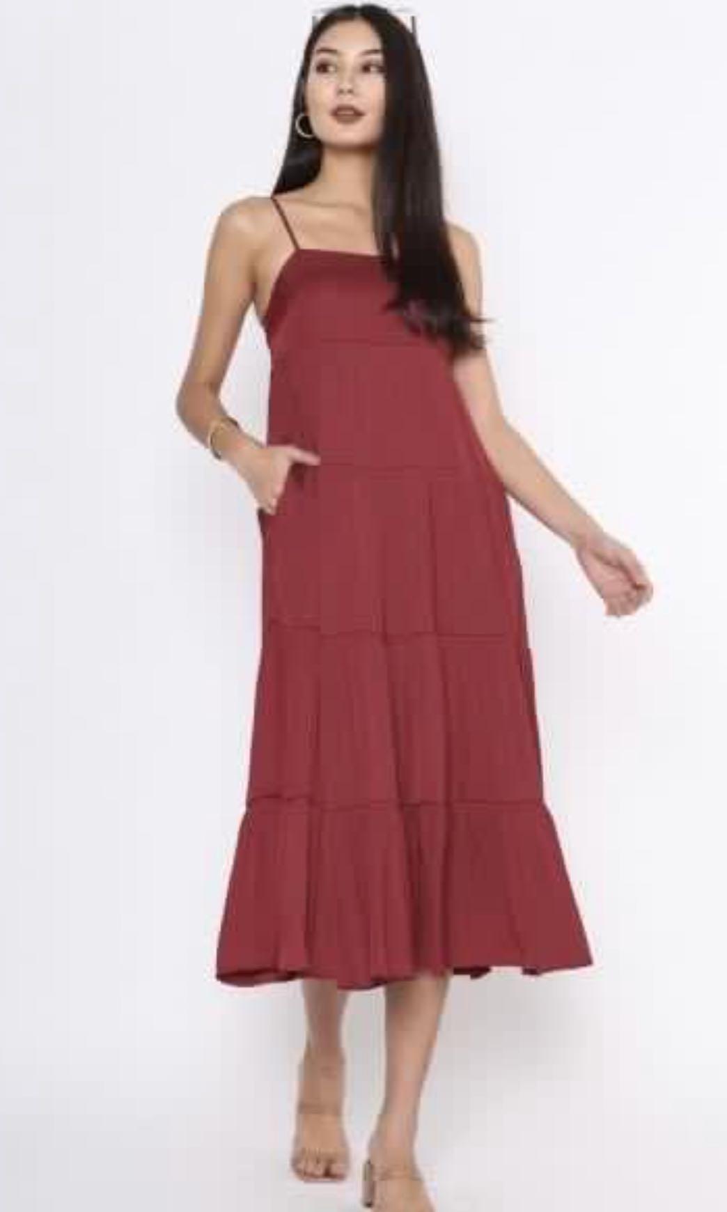 Red tiered midi dress online