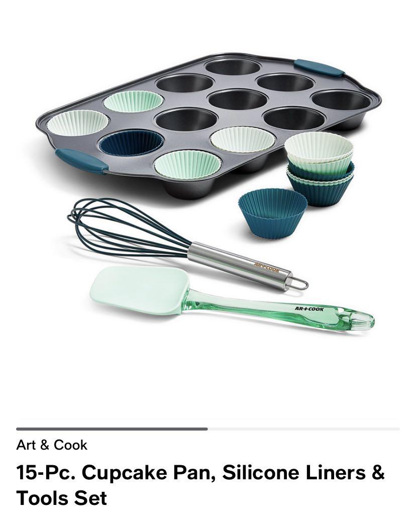 15 pc Cupcake pan, silicon liners and tools set (Category: Bakeware) located in Quezon City. Submitted by titaus_cart (Listing ID 1122507737, Image 1). Description: all authentic bought in Macys California Bake up a dozen cupcakes without worrying about paper waste using this 15-piece cupcake pan set from Art & Cook Set includes: • (1) 12-cup muffing pan, approx. dimensions: 16"L x 10"W x 0.7"H • (12) reusable silicone muffin cups, approx. dimens