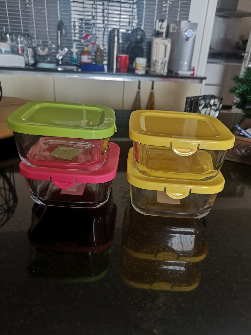 4 Daiso container glass with lid, Furniture & Home Living, Kitchenware