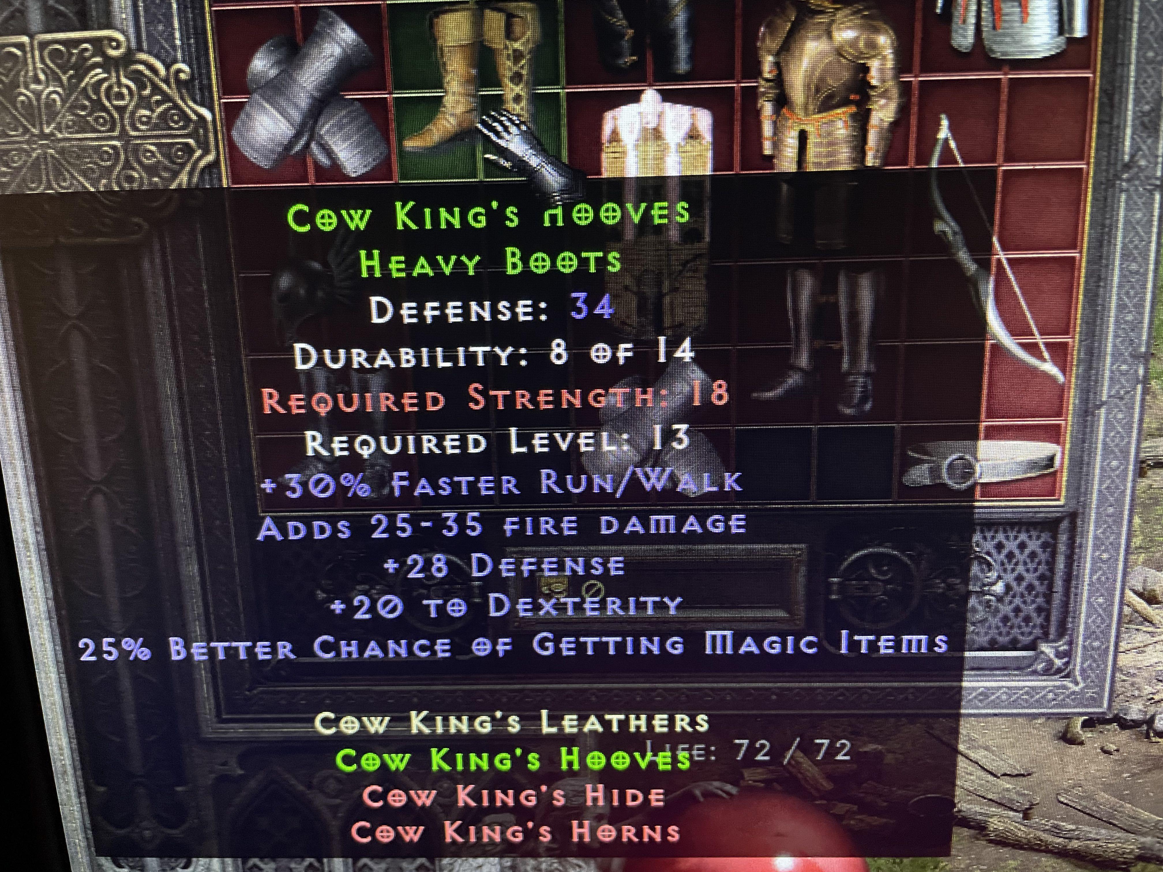 Cow King Hooves Heavy Boots Diablo 2 D2 Item, Video Gaming, Gaming