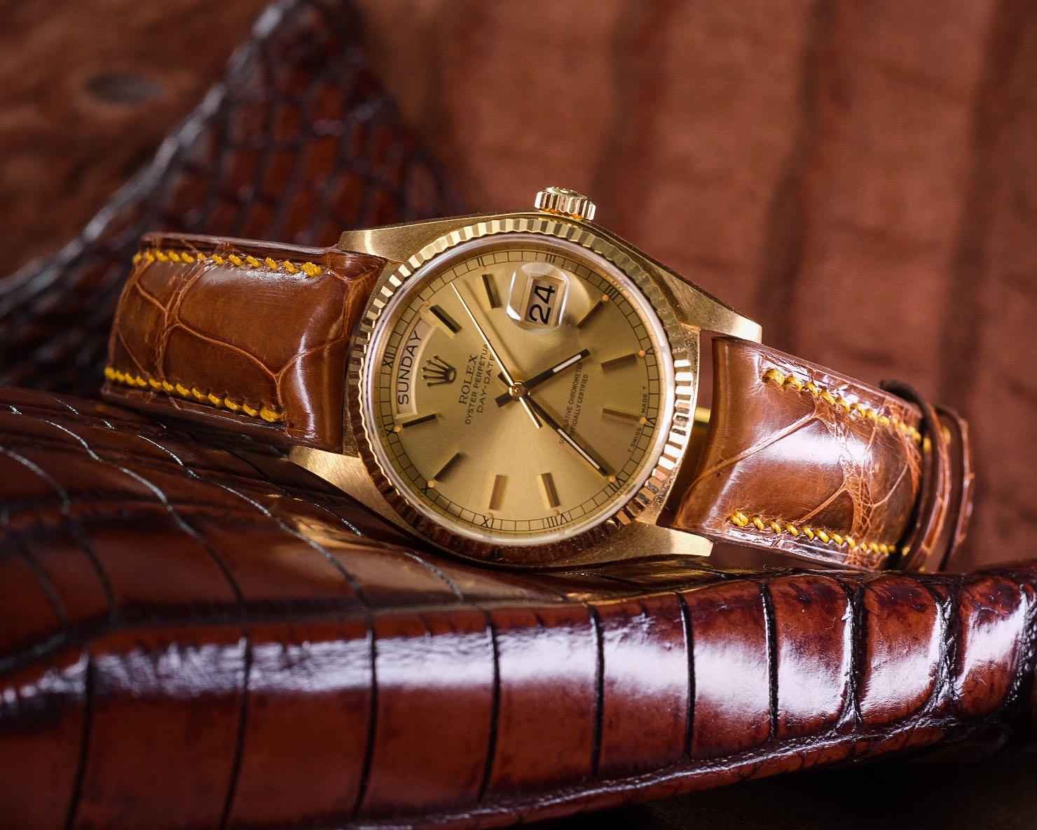 Handmade Handstitched Watch Strap In Brown Himalayan Crocodile Leather For Client s Rolex Daydate 18038 Watch