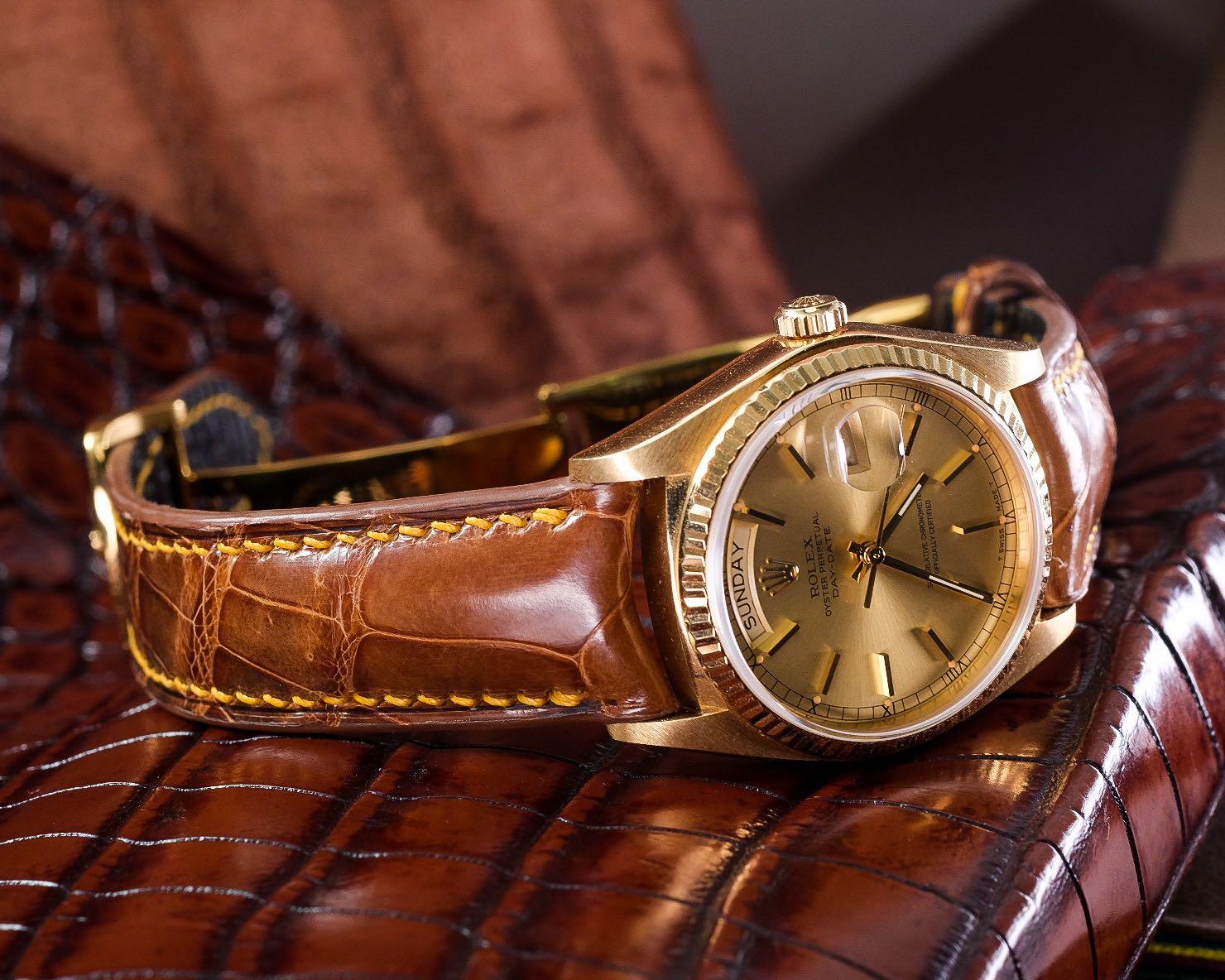 Handmade Handstitched Watch Strap In Brown Himalayan Crocodile Leather For Client s Rolex Daydate 18038 Watch