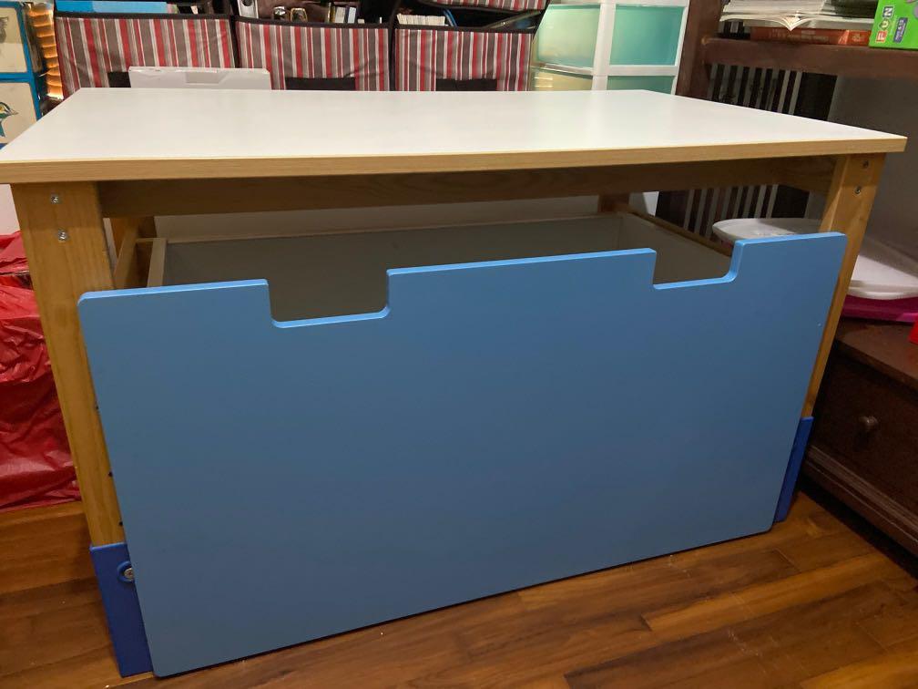 IKEA solid pine desk with storage box (rollers), Furniture & Home