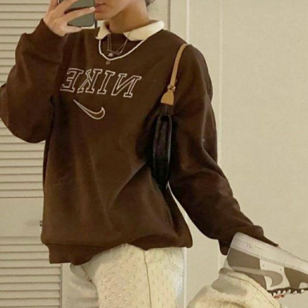 INSTOCKS brown nike spellout oversized y2k 90s pullover sweater sweatshirt top tee shirt outerwear faded blue ulzzang korean jumper vintage cream long sleeve longsleeve Women s Fashion Coats Jackets a...