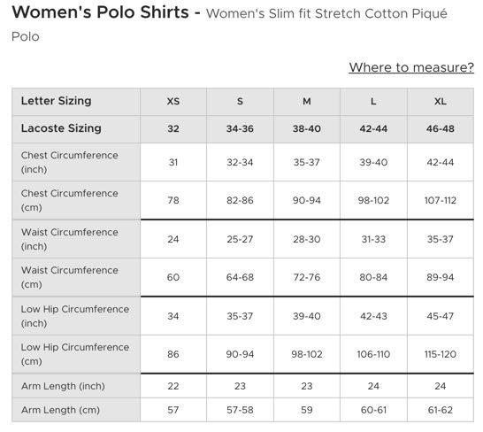 Lacoste women's shop polo size chart