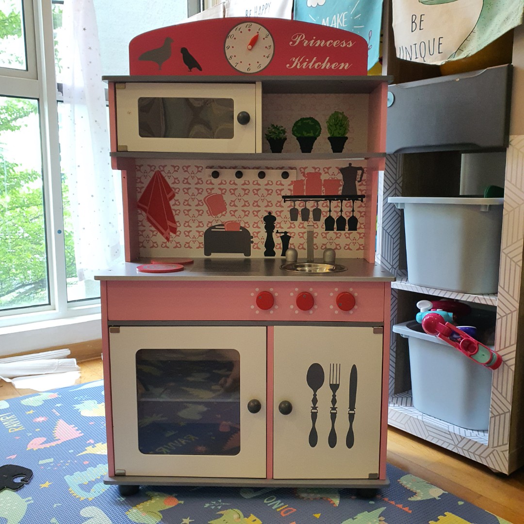 Pink Wooden Toy Kitchen, Hobbies & Toys, Toys & Games on Carousell