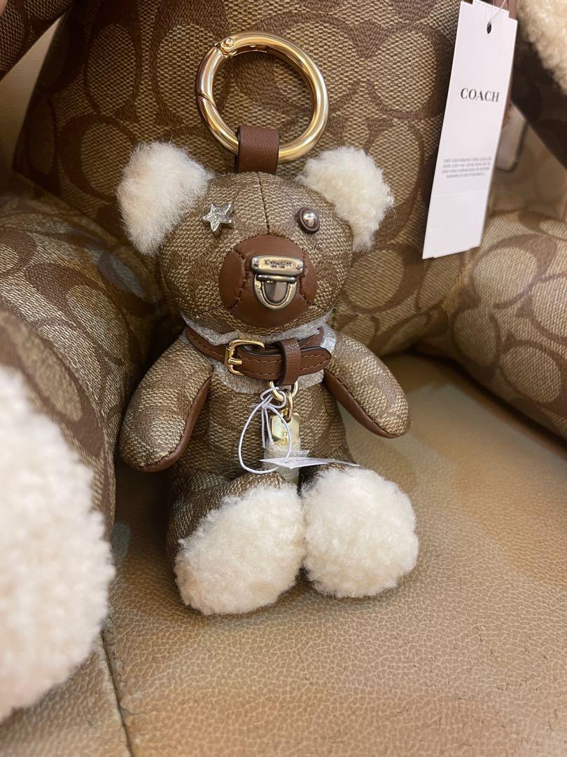 Coach bear charm beige brown white signature 77676 PVC leather COACH fur bag  key ring studs star holder teddy animal