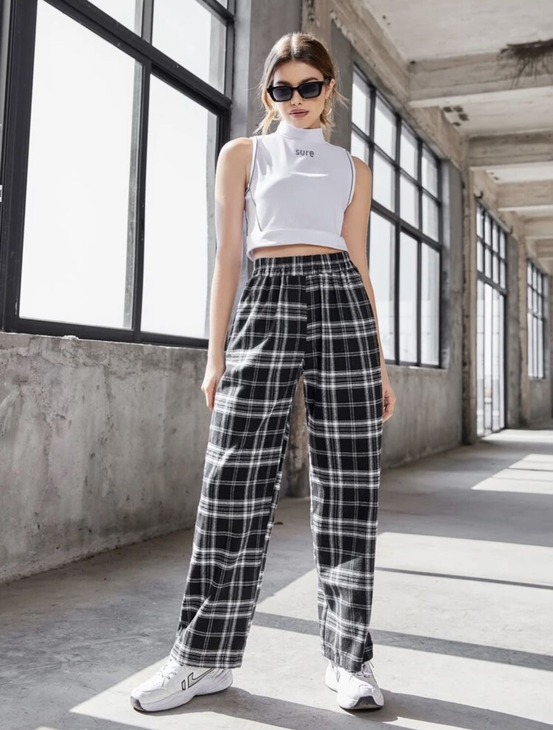 SHEIN Plaid Paper Bag Waist Belted Pants  SHEIN IN