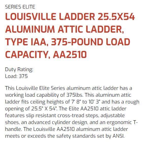 Louisville Ladder 25.5x54 Aluminum Attic Ladder, Type IAA, 375-pound Load  Capacity, AA2510