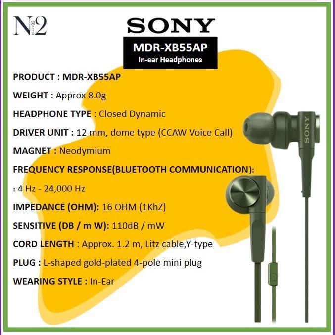Local Warranty SONY MDR XB55AP EXTRA BASS In Ear Headphones with Microphone Black Red Blue Greyish White Green