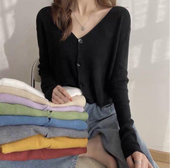 BLACK RIBBED CARDIGAN, Women's Fashion 