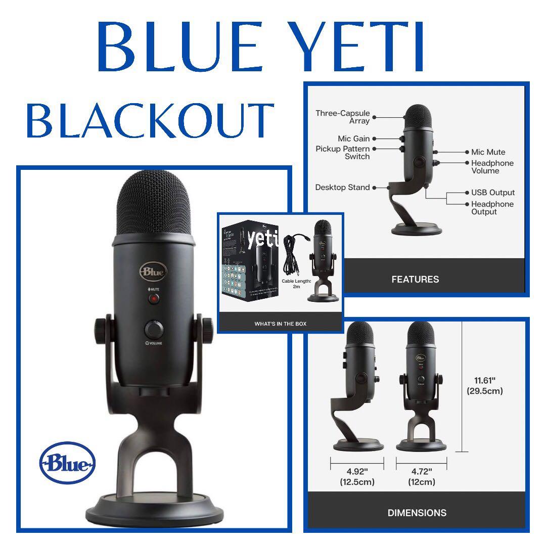 Blue Yeti Blackout (Category: Microphones) located in Mandaluyong City. Submitted by bonibuys (Listing ID 1117337765, Image 1). Description: Blue Yeti Blackout On hand and ready to ship! THE WORLD'S #1 USB MICROPHONE Create unparalleled recordings with your computer using Blue's best-selling family of Yeti USB microphones. Thanks to our proprietary tri-capsule technology, Yeti condenser microphones produce pristine, studio-quality recordings with