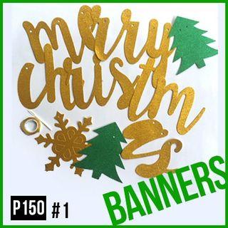 Merry Christmas Banners Wall Decors Santa Reindeer Gold Red Green Swallowtail Party Needs